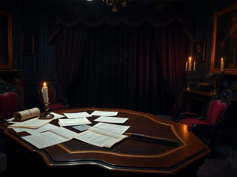 Flick International Dimly lit room with ornate wooden desk and legal documents hinting at royal investigations