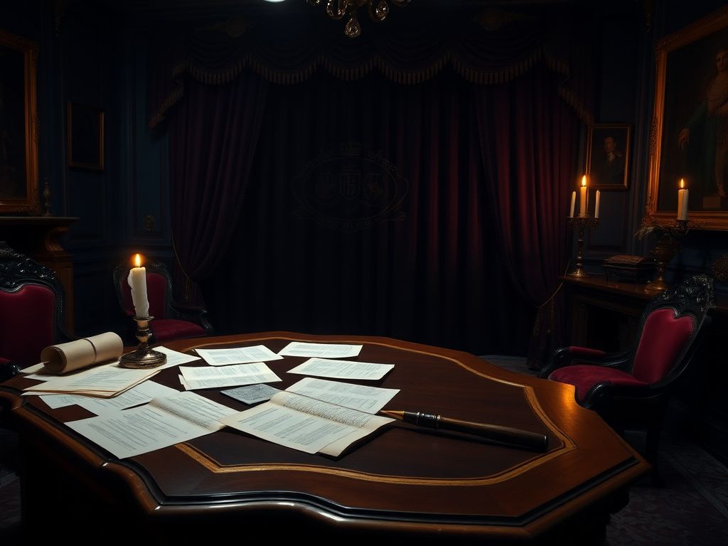 Flick International Dimly lit room with ornate wooden desk and legal documents hinting at royal investigations