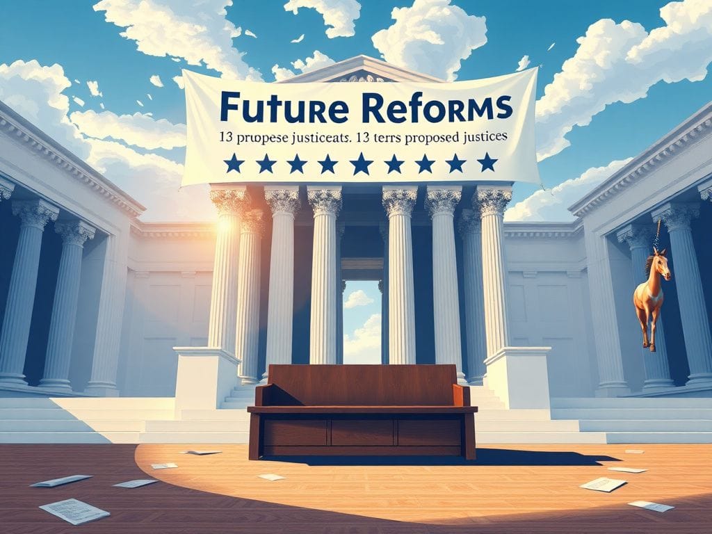 Flick International A stylized representation of a grand courtroom symbolizing the Supreme Court with an empty bench and 13 stars for proposed justices