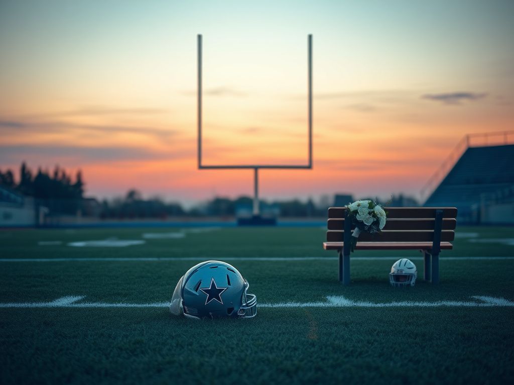 Flick International Empty football field at dusk with a Dallas Cowboys helmet at the 50-yard line