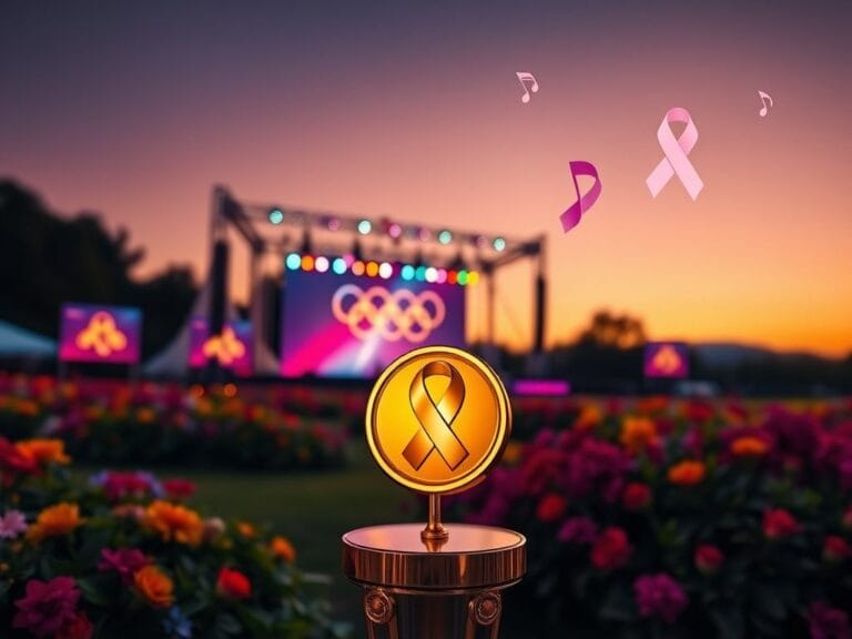 Flick International Serene outdoor scene at dusk with a large illuminated stage symbolizing hope and celebration, featuring a gold Olympic medal.