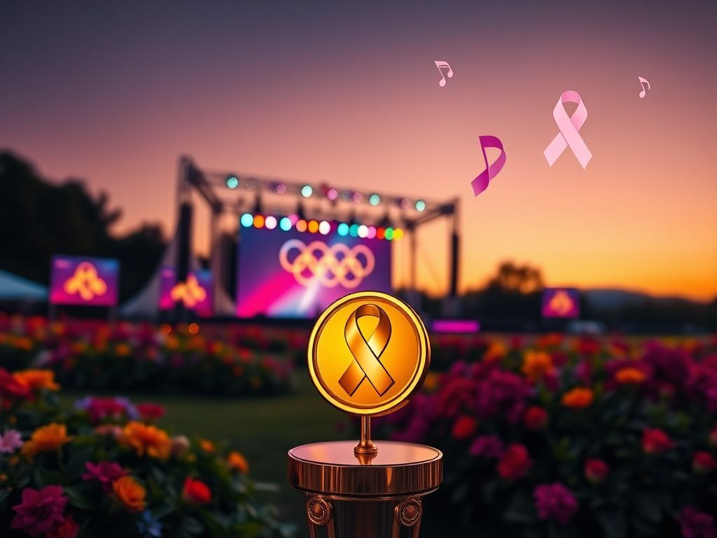Flick International Serene outdoor scene at dusk with a large illuminated stage symbolizing hope and celebration, featuring a gold Olympic medal.