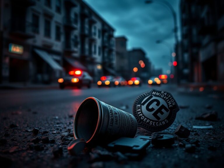 Flick International Dark urban scene with an ICE badge and a damaged metal coffee cup