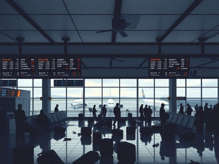 Flick International Empty terminal with delayed flight information during Thanksgiving travel disruption