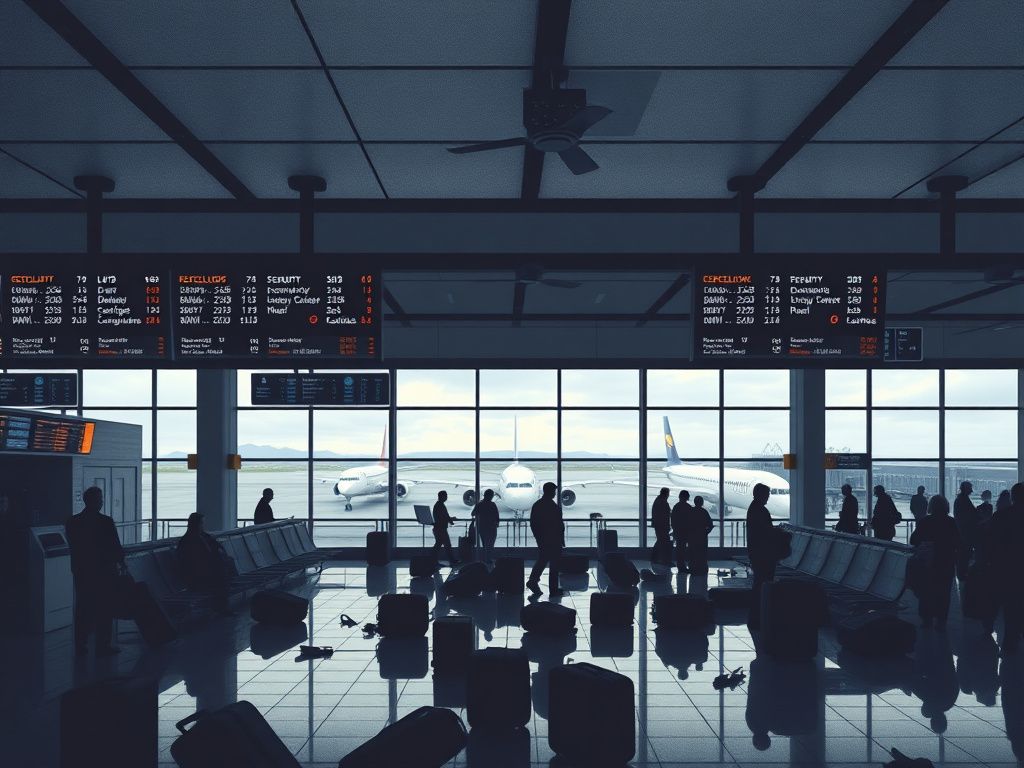 Flick International Empty terminal with delayed flight information during Thanksgiving travel disruption