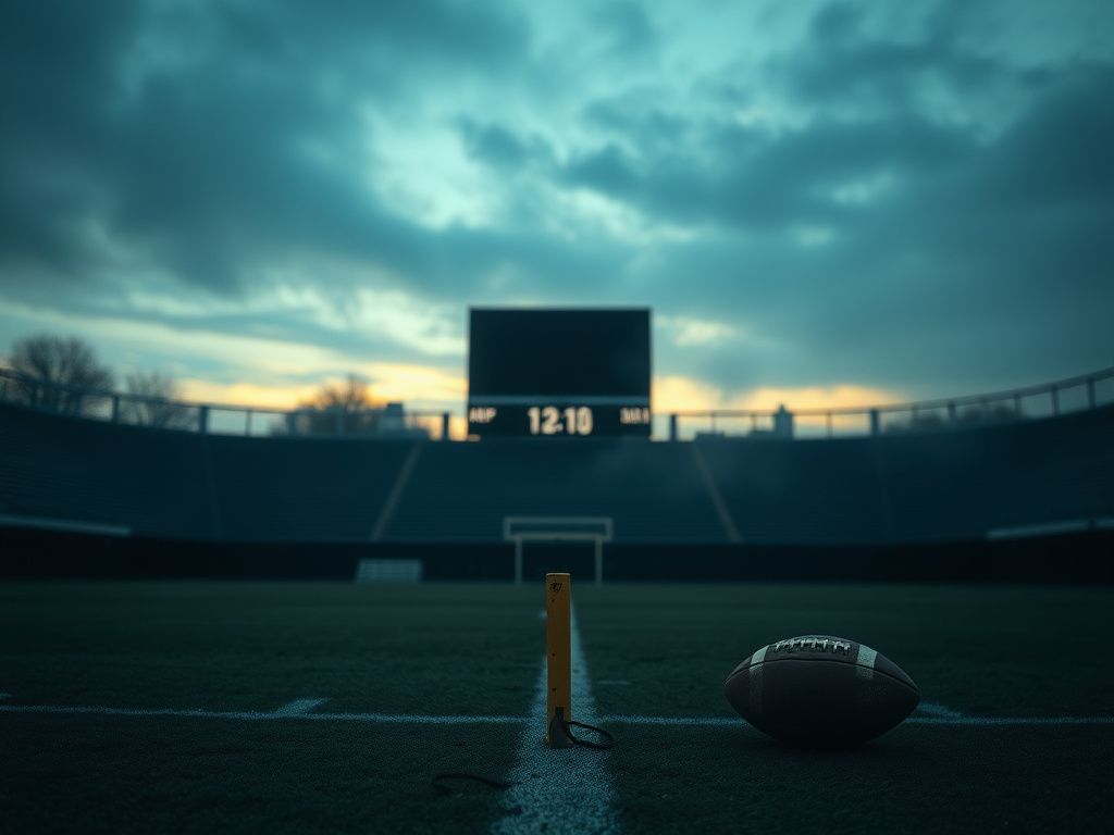 Flick International Empty football stadium at twilight with a kicking tee and worn football