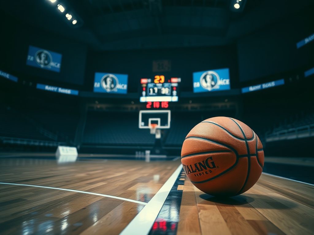 Flick International A basketball court illuminated under arena lights with a single basketball near the three-point line