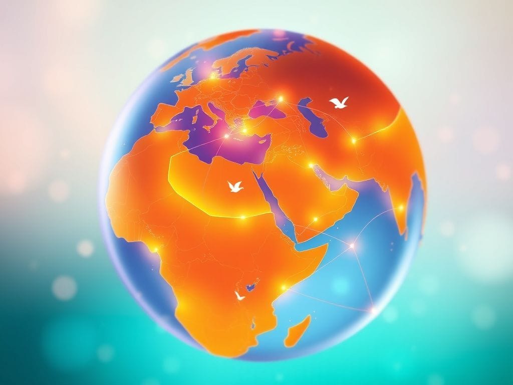Flick International Abstract representation of the globe with glowing lines connecting Kazakhstan and Arab nations