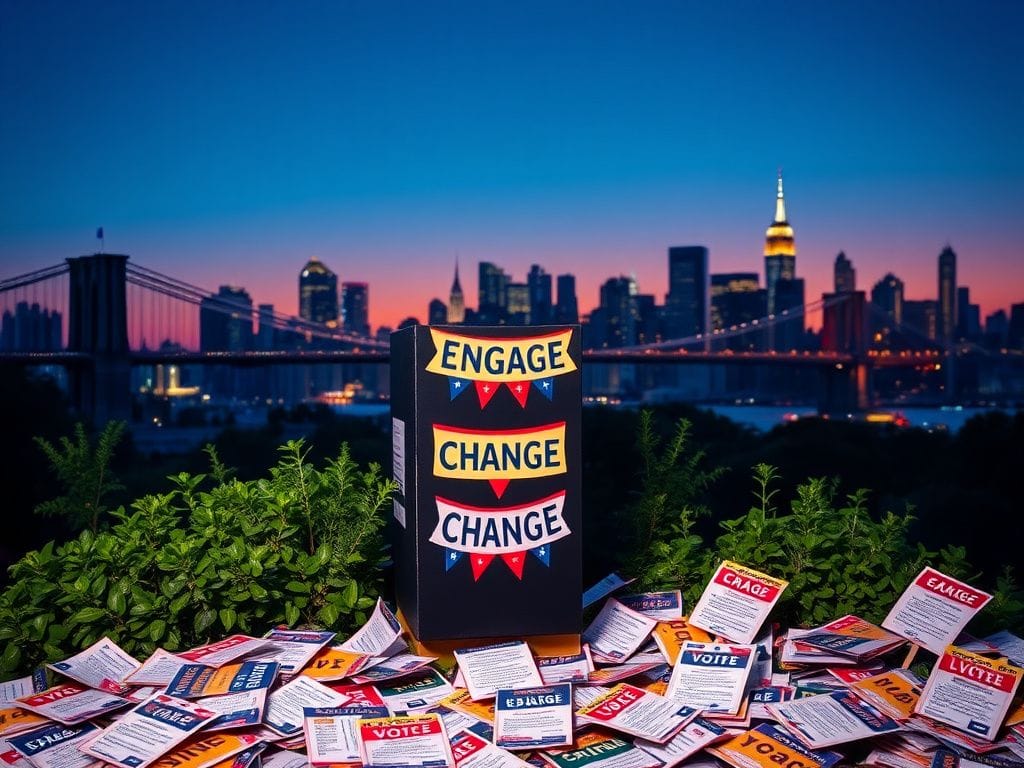 Flick International Vibrant New York City skyline at dusk with a decorative voting booth promoting civic engagement