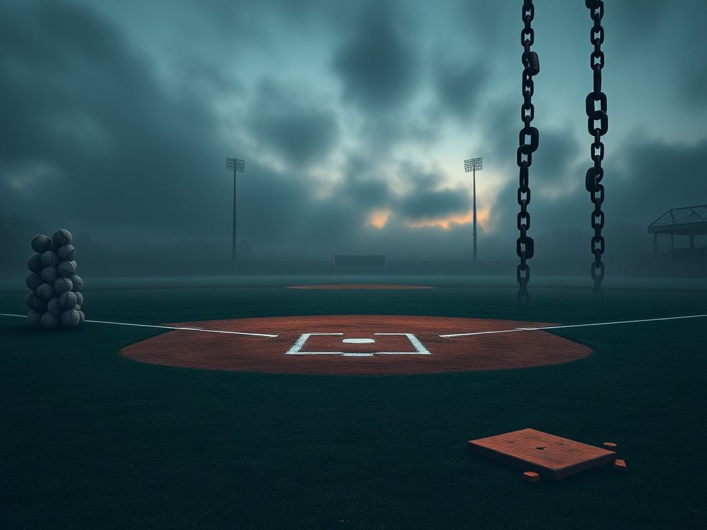 Flick International Dramatic baseball diamond with pitcher's mound and home plate at dusk
