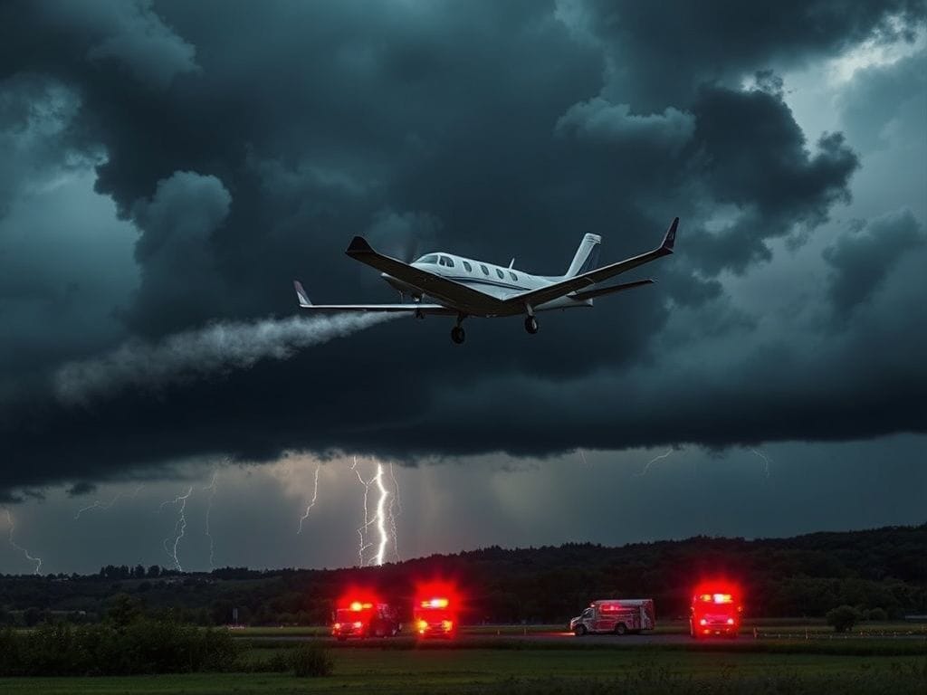 Flick International A small private airplane struggling amidst dark storm clouds with visible smoke from the engine.