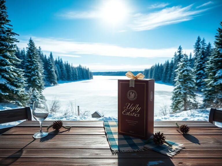 Flick International Scenic Minnesota winter landscape with frozen lake and pine trees featuring boxed wine package