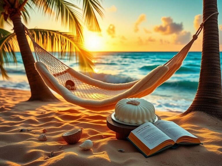 Flick International A serene tropical beach scene at sunset with a hammock and seashell decor