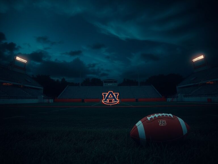 Flick International Dimly lit football field at night with Auburn logo and worn football