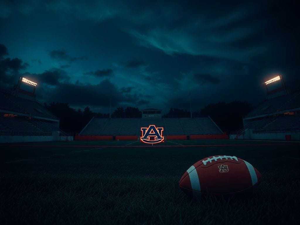 Flick International Dimly lit football field at night with Auburn logo and worn football
