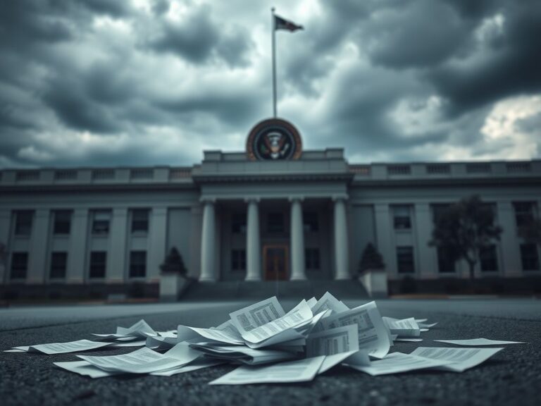 Flick International Exterior view of the State Department with visa papers on the ground