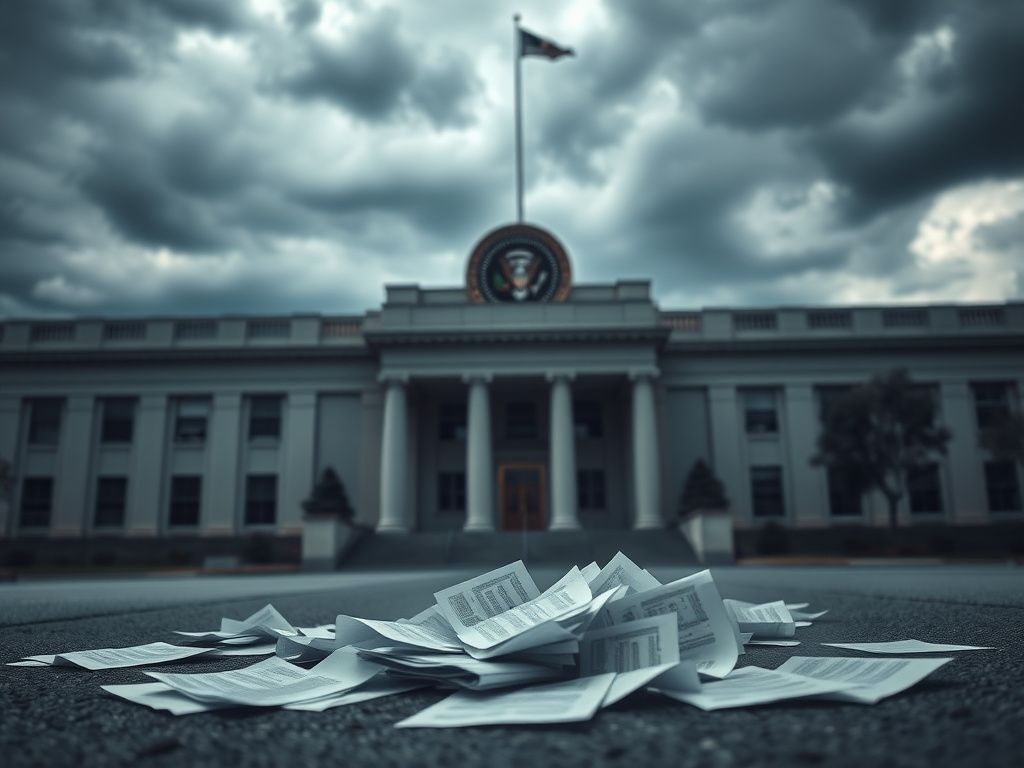 Flick International Exterior view of the State Department with visa papers on the ground