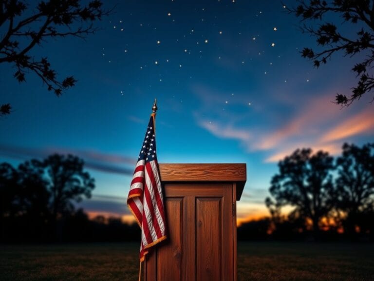 Flick International Weathered wooden podium with an American flag in a serene outdoor setting at dusk