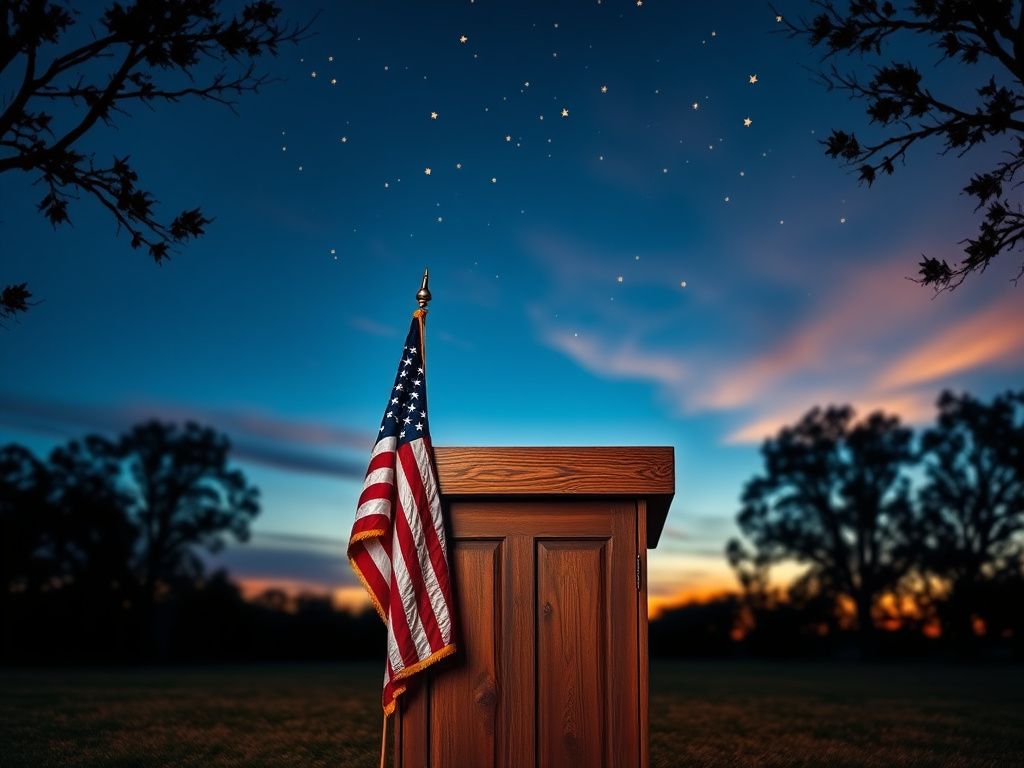 Flick International Weathered wooden podium with an American flag in a serene outdoor setting at dusk