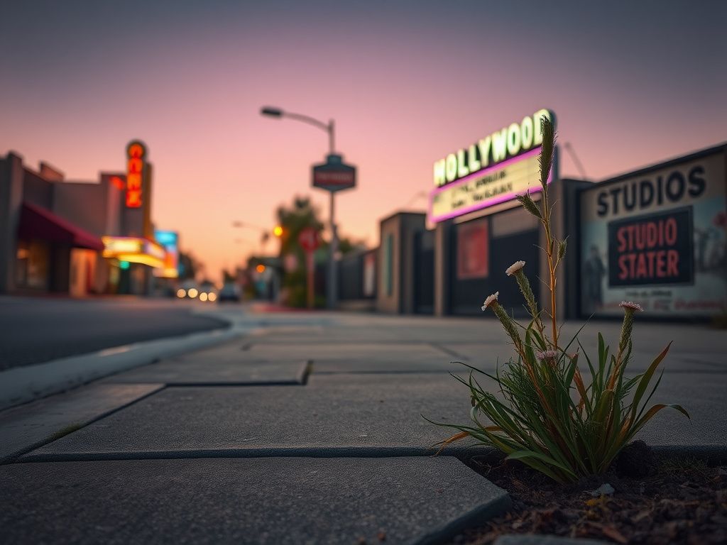 Flick International A serene Hollywood street at dusk with faded neon signs and overgrown wildflowers