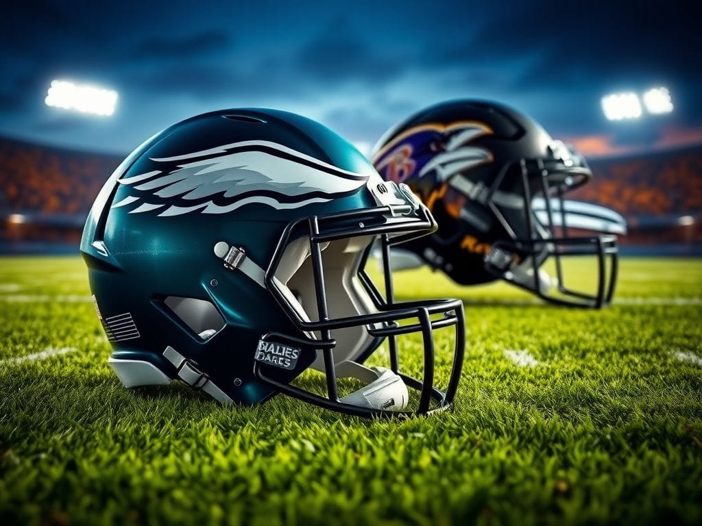 Flick International Philadelphia Eagles and Baltimore Ravens helmets symbolizing their recent trade deal