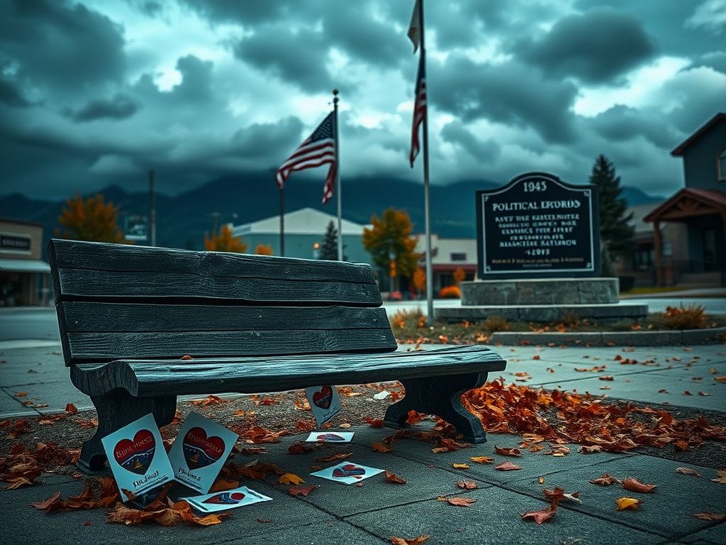 Flick International Weathered wooden bench in a quiet Montana town, surrounded by campaign flyers and overcast skies