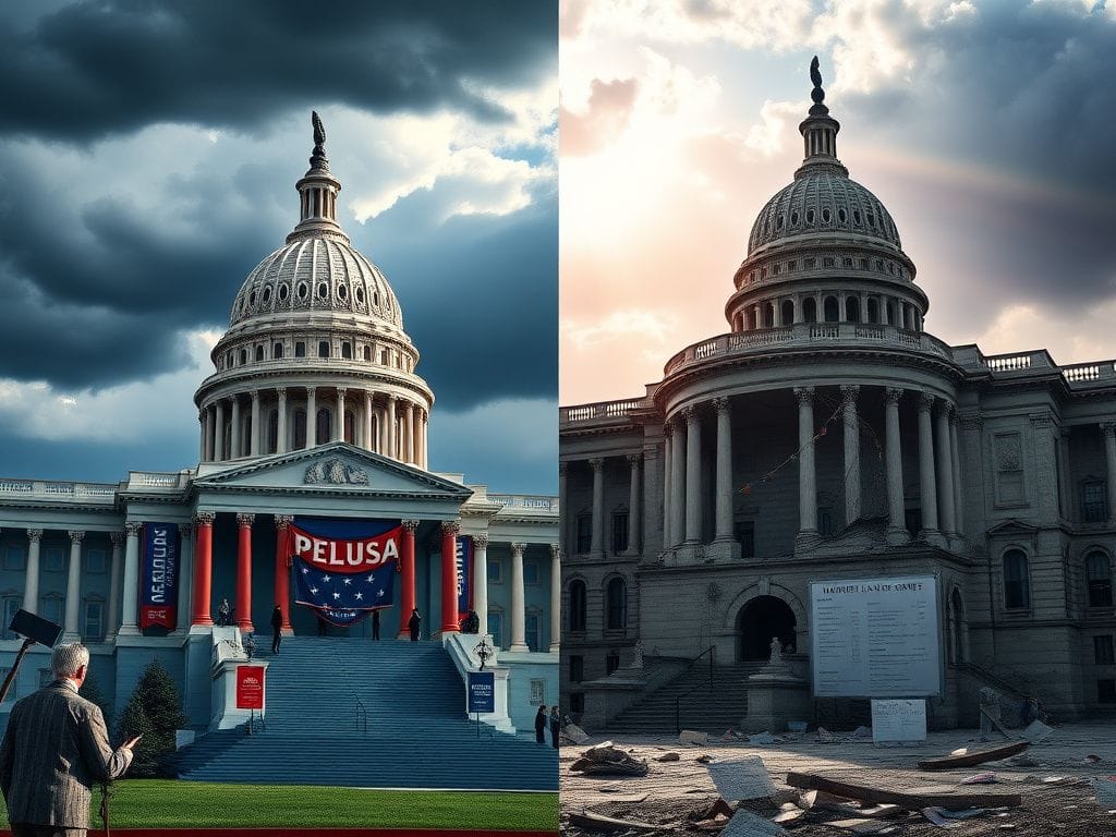 Flick International A split image contrasting the Democratic party led by Nancy Pelosi with a vibrant Capitol and the Republican party led by Marjorie Taylor Greene with a crumbling building.