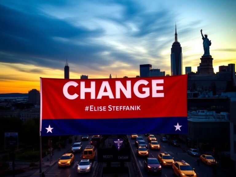 Flick International New York skyline at dusk with iconic landmarks and campaign rally banner