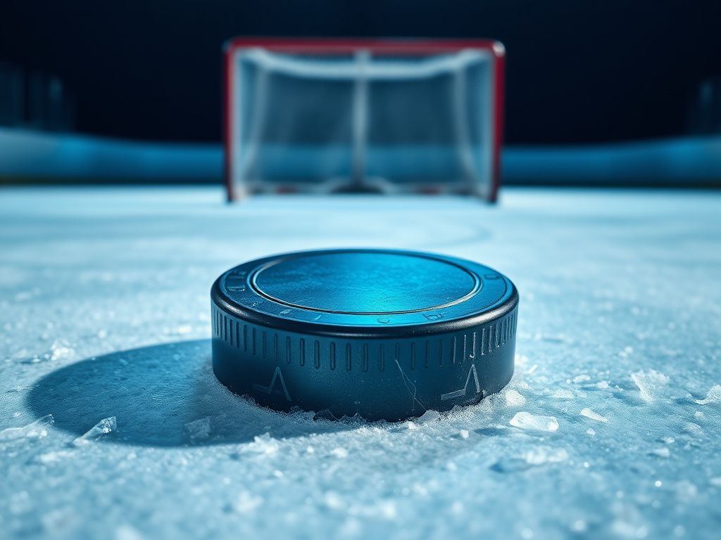 Flick International Close-up of a shining hockey puck on ice with shadows
