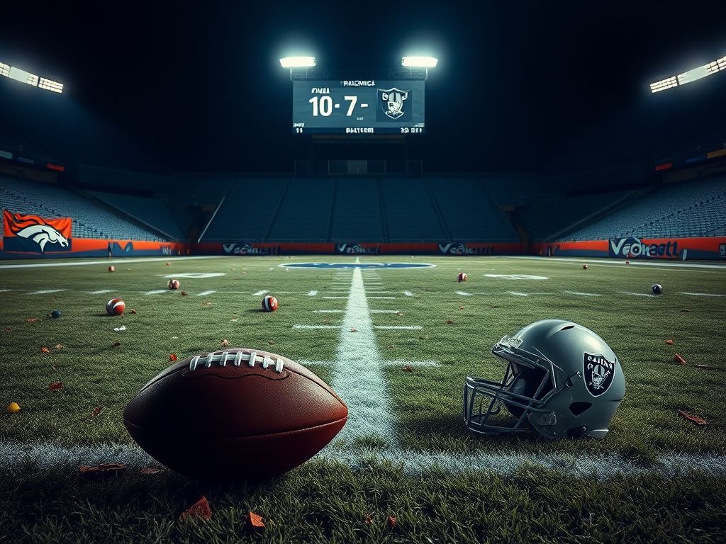 Flick International A dramatic football field at night showcasing the Broncos-Raiders game with a score of 10-7