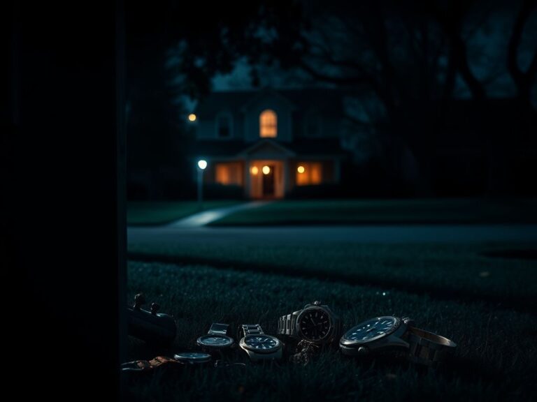 Flick International Dark residential street in Texas at night with front door ajar and broken lock, indicating a violent home invasion
