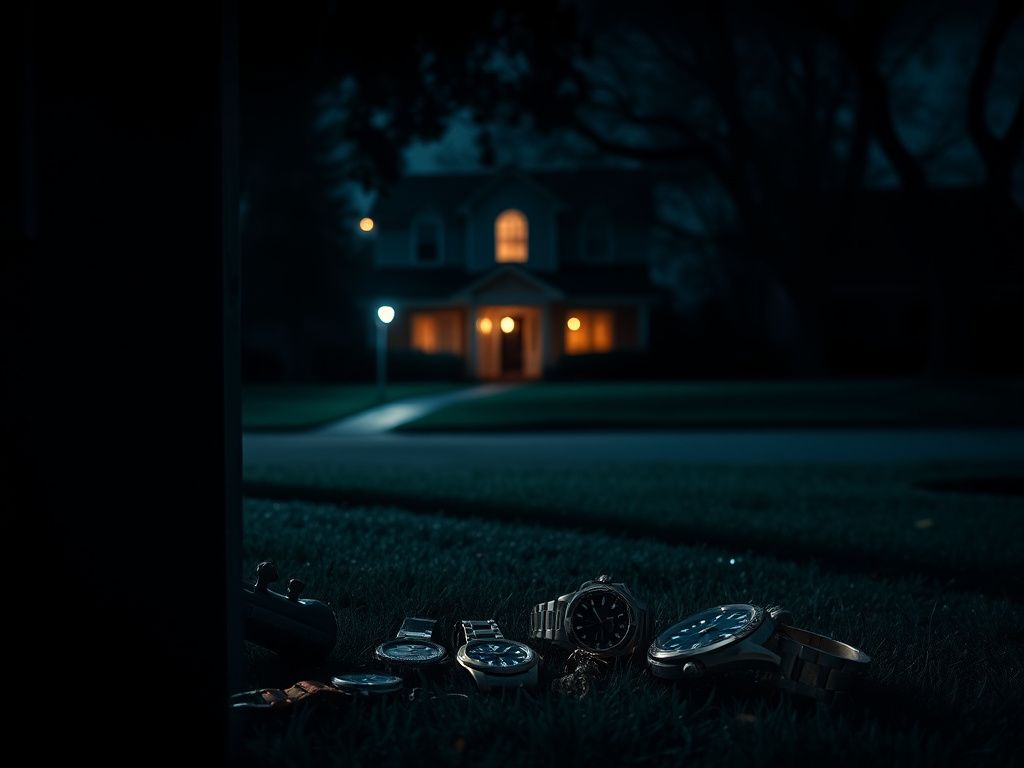 Flick International Dark residential street in Texas at night with front door ajar and broken lock, indicating a violent home invasion