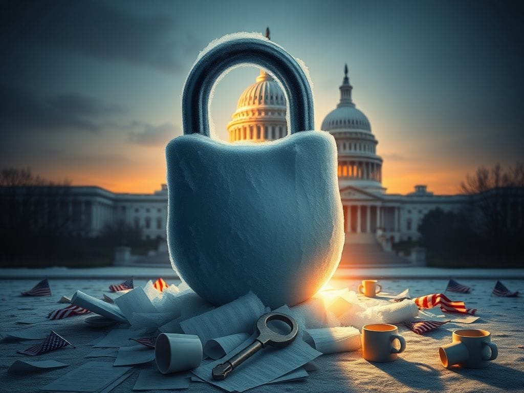 Flick International Conceptual image of a large, frozen lock symbolizing political stalemate with the U.S. Capitol in the background