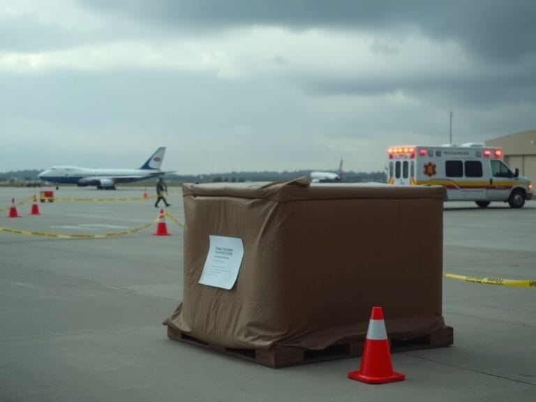 Flick International Large unmarked package on military tarmac at Joint Base Andrews