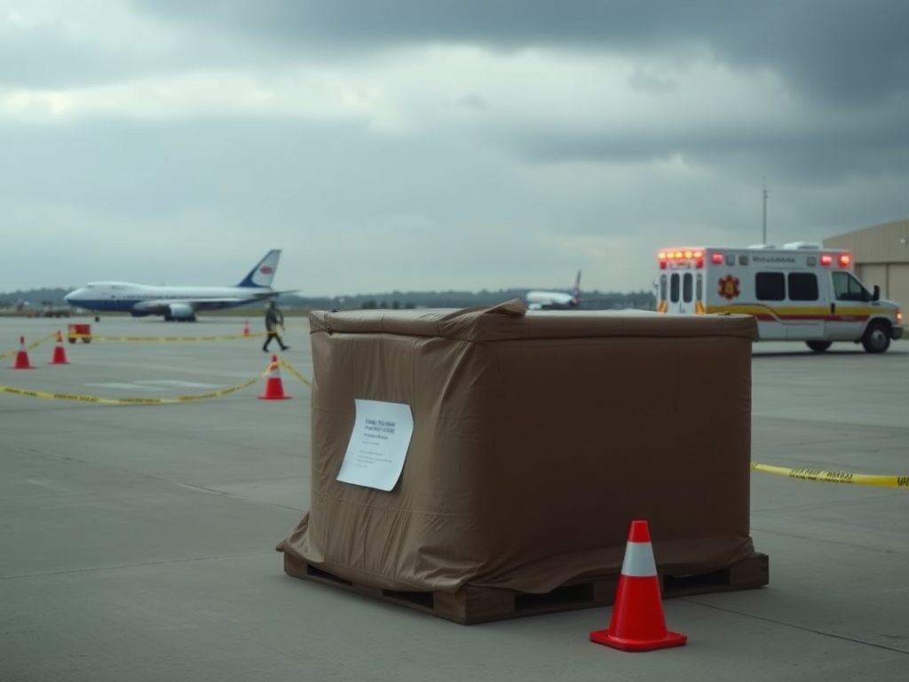 Flick International Large unmarked package on military tarmac at Joint Base Andrews