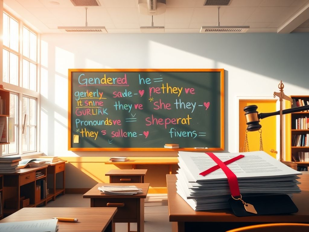 Flick International Open classroom setting with colorful pronouns on the chalkboard