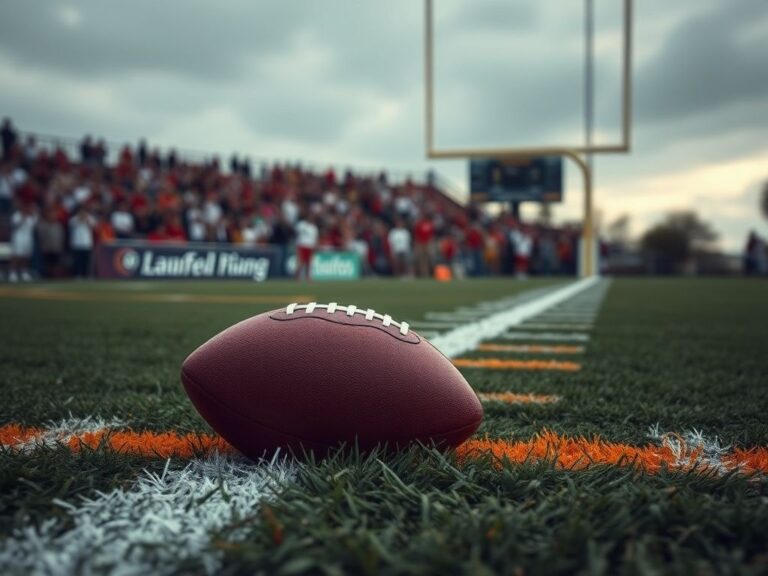 Flick International A college football field with a fallen football, symbolizing concern during a game.
