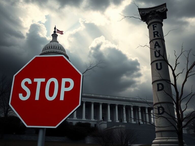 Flick International Government building under dark storm clouds with a red stop sign symbolizing crisis