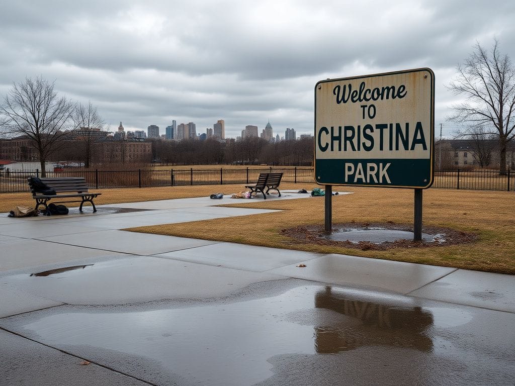 Flick International A somber view of Christina Park in Wilmington, Delaware, highlighting empty benches and scattered belongings amidst a cloudy sky.