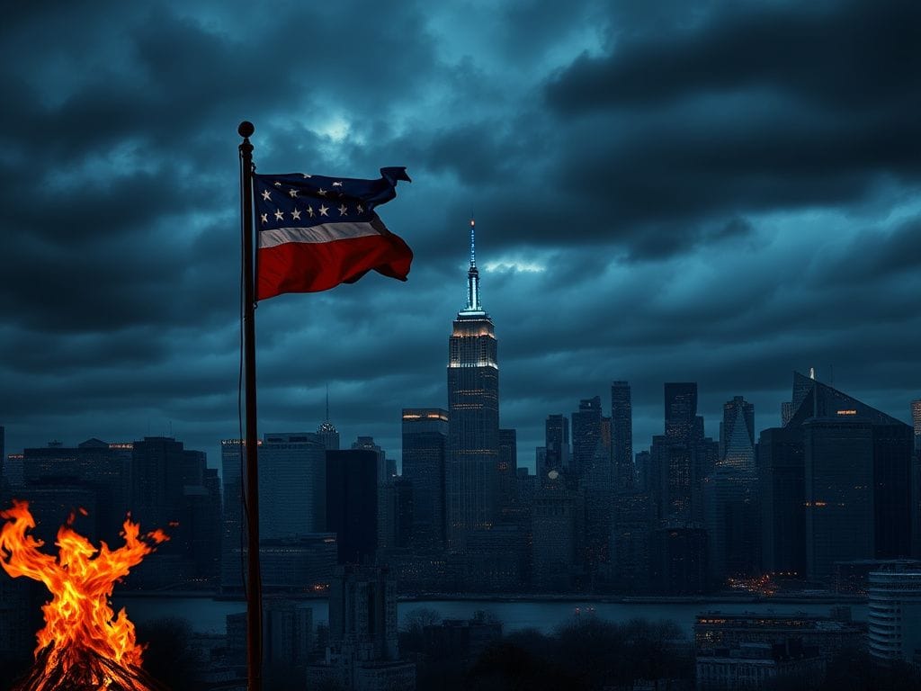 Flick International Darkened New York City skyline at night with a glowing fire symbolizing political turmoil