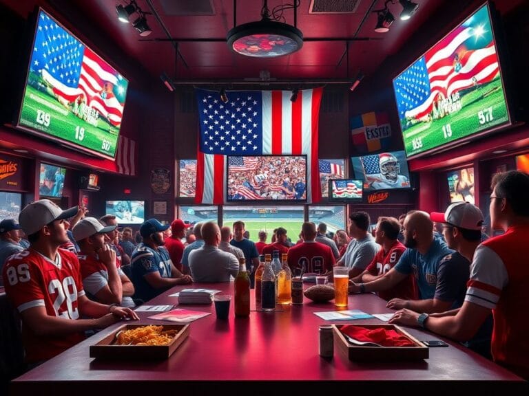 Flick International A vibrant sports bar scene with patriotic decor and Game Day snacks