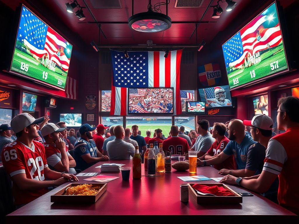 Flick International A vibrant sports bar scene with patriotic decor and Game Day snacks