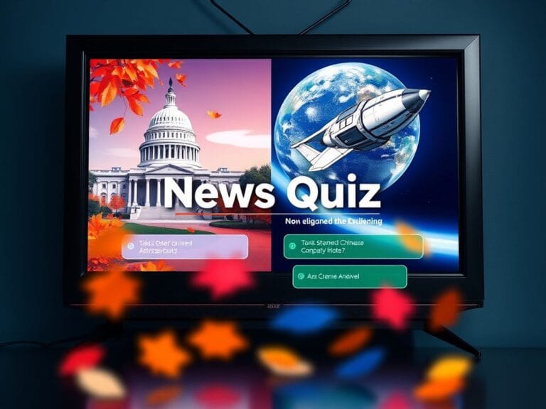 Flick International A vibrant illustration of a news quiz interface showcasing political events and space exploration.