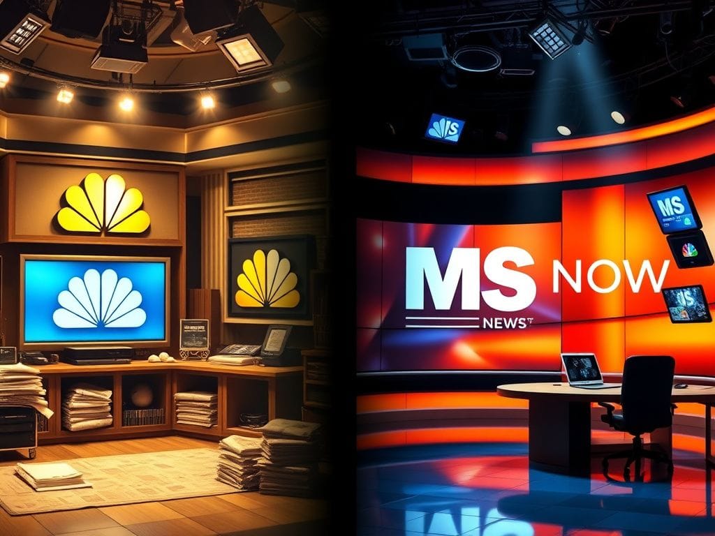 Flick International A split-screen image contrasting vintage news media on the left and a modern newsroom with the MS NOW logo on the right