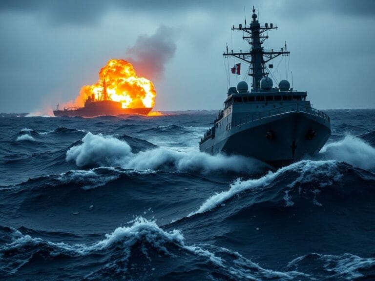 Flick International Military vessel striking a drug trafficking boat amidst turbulent seas and an explosion