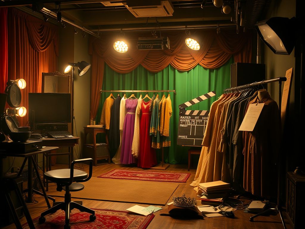 Flick International Vintage Hollywood film set with makeup chair and glamorous costumes