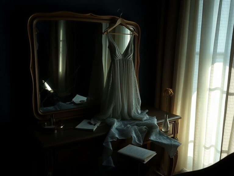 Flick International A moody Hollywood dressing room featuring a vintage vanity table, shattered mirror, and a sheer silver dress symbolizing vulnerability.