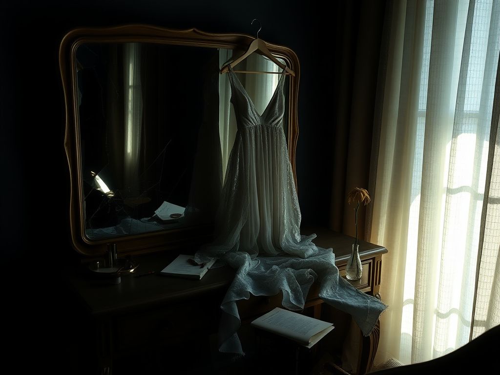 Flick International A moody Hollywood dressing room featuring a vintage vanity table, shattered mirror, and a sheer silver dress symbolizing vulnerability.