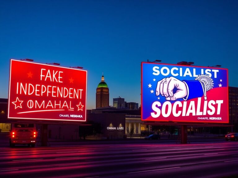Flick International Vibrant cityscape of Omaha, Nebraska at dusk featuring illuminated campaign billboards