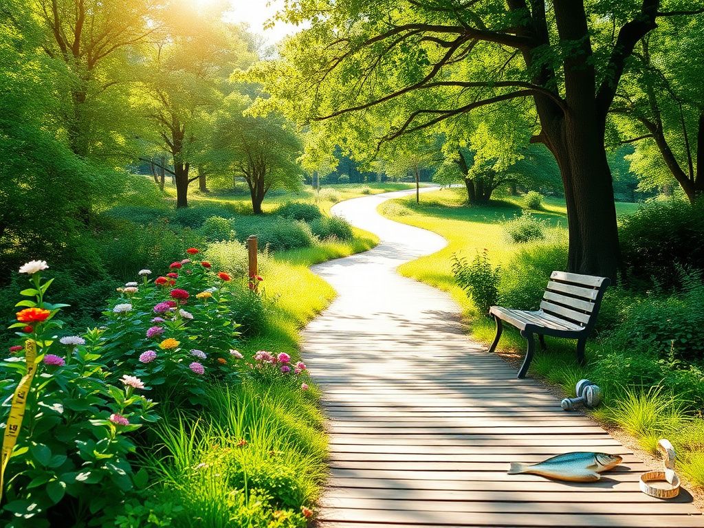 Flick International Serene sunlit landscape depicting a winding path through a vibrant, lush forest representing health and vitality.